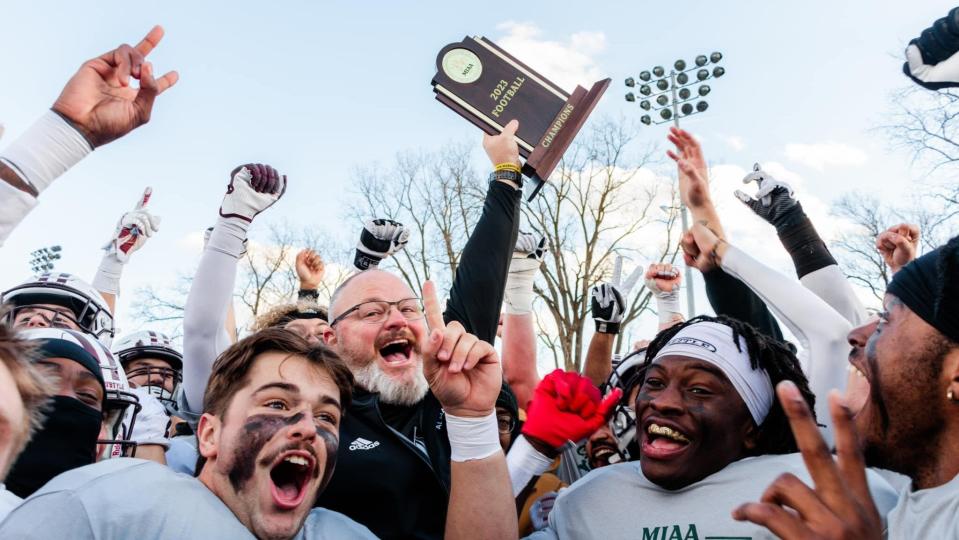 Alma College's football team celebrates its second straight MIAA championship after beating Albion on Nov. 11. Alma plays this Saturday in the Division III playoff quarterfinals.
