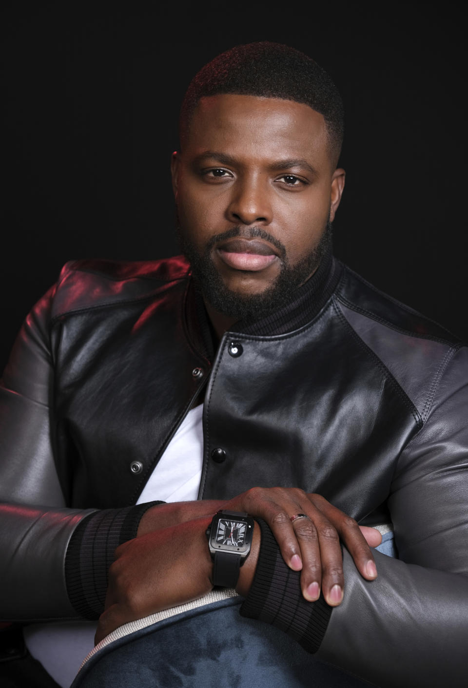 This March 12, 2019 photo shows Winston Duke, a cast member in the film "Us," posing at the The London West Hollywood in West Hollywood, Calif. (Photo by Chris Pizzello/Invision/AP)