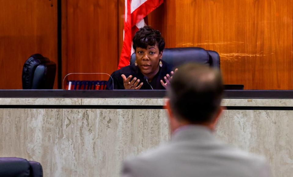 Circuit Judge Jocelyn Newman speaks with attorney Daniel Plyler during the trial on Tuesday, August 2, 2022, concerning execution laws in South Carolina.