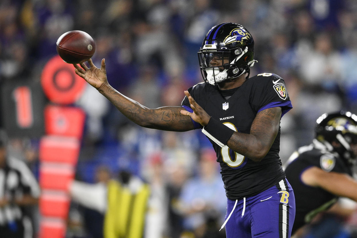 Baltimore Ravens quarterback Lamar Jackson (8) led a remarkable comeback in a win over the Colts. (AP Photo/Nick Wass)