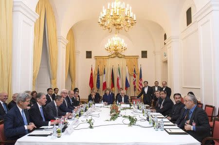 Delegations of U.S. Secretary of State John Kerry, Britain's Foreign Secretary Philip Hammond, Russian Foreign Minister Sergei Lavrov, Iranian Foreign Minister Javad Zarif, German Foreign Minister Frank-Walter Steinmeier, French Foreign Minister Laurent Fabius, EU High Representative Catherine Ashton, Chinese Foreign Minister Wang Yi sit around the negotiations table during their meeting in Vienna November 24, 2014. REUTERS/Joe Klamar/Pool