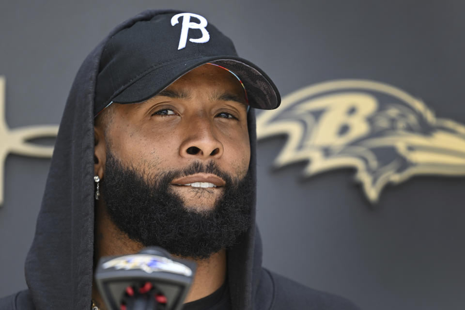 CORRECTS YEAR TO 2023 - Baltimore Ravens wide receiver Odell Beckham Jr. answers questions from the media before a mandatory NFL football minicamp, Tuesday, June 13, 2023, in Owings Mills, Md. (AP Photo/Gail Burton)