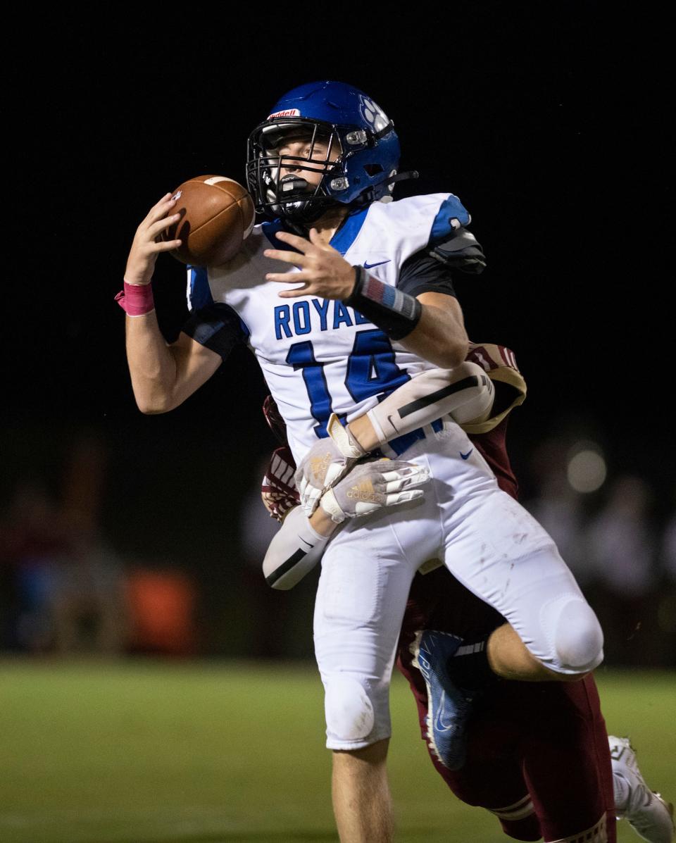 Grayson Shehan(14) pulls in a pass during the Jay vs Northview football game at Northview High School on Friday, Oct. 1, 2021.