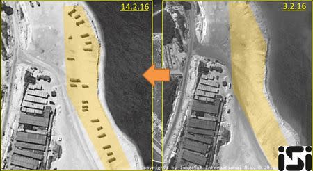 Woody Island, an island in the South China Sea occupied by China and claimed by several other countries, is shown in satellite images taken on February 14, 2016 and February 3, 2016, in this file handout image provided by ImageSat International N.V. 2016, on February 18, 2016. REUTERS/ImageSat International N.V. 2016/Handout via Reuters/Files