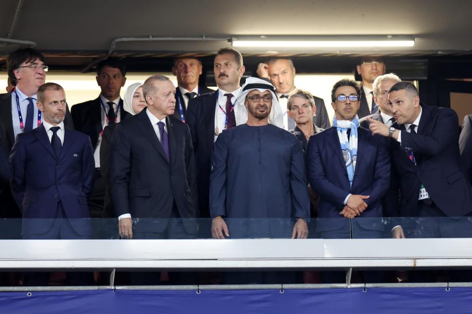 Uefa president Aleksander Ceferin, Turkey president Recep Tayyip Erdogan, UAE president Sheikh Mohamed bin Zayed al-Nahyan, Man City owner Sheikh Mansour and Man City chairman Khaldoon Al Mubarak (Getty Images)