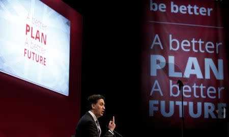 Britain's opposition Labour Party leader Ed Miliband announces his party's election manifesto at Granada studios in Manchester, northern England, April 13, 2015. REUTERS/Andrew Yates