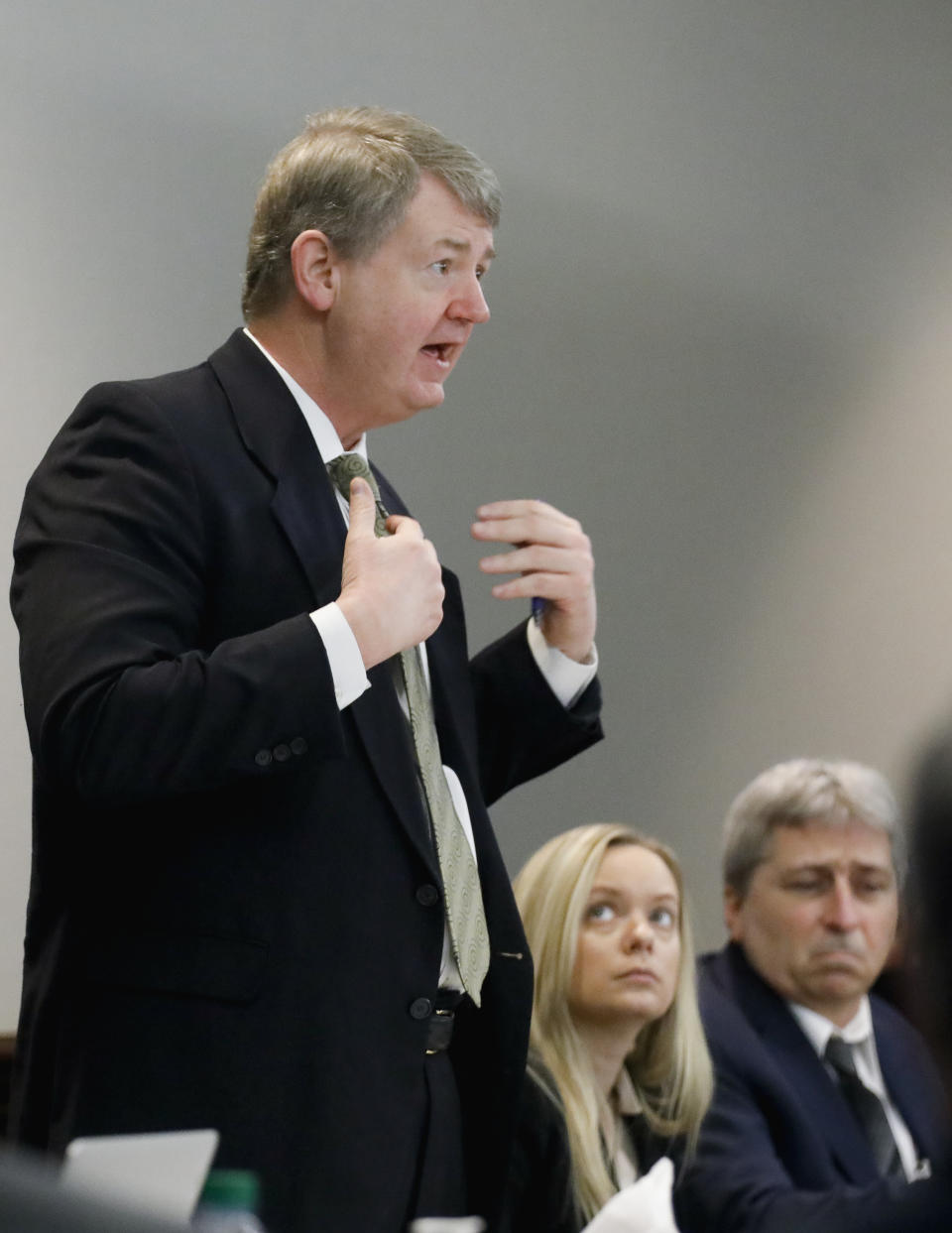 Defense attorney Kevin Gough speaks during the trial of Greg McMichael and his son, Travis McMichael, and a neighbor, William "Roddie" Bryan at the Glynn County Courthouse, Friday, Nov. 19, 2021, in Brunswick, Ga. The three are charged with the February 2020 slaying of 25-year-old Ahmaud Arbery. (Octavio Jones/Pool Photo via AP)