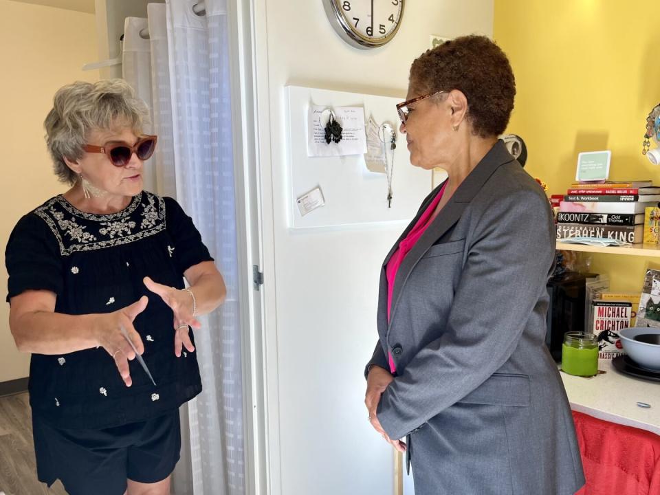 Judith Brown, left, chats with L.A. mayoral candidate Karen Bass.