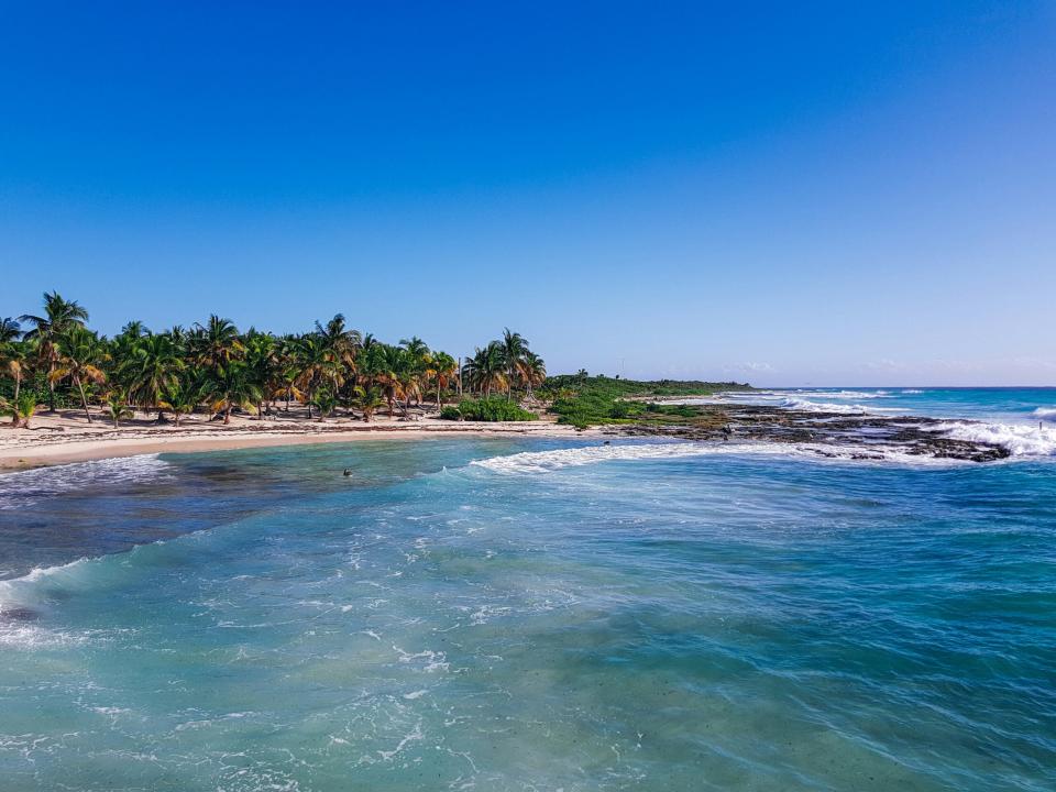 Costa Maya is a popular Mexican cruise port. 
pictured: a beach nearby the Costa Maya cruise port with clear waters and lush green palm trees