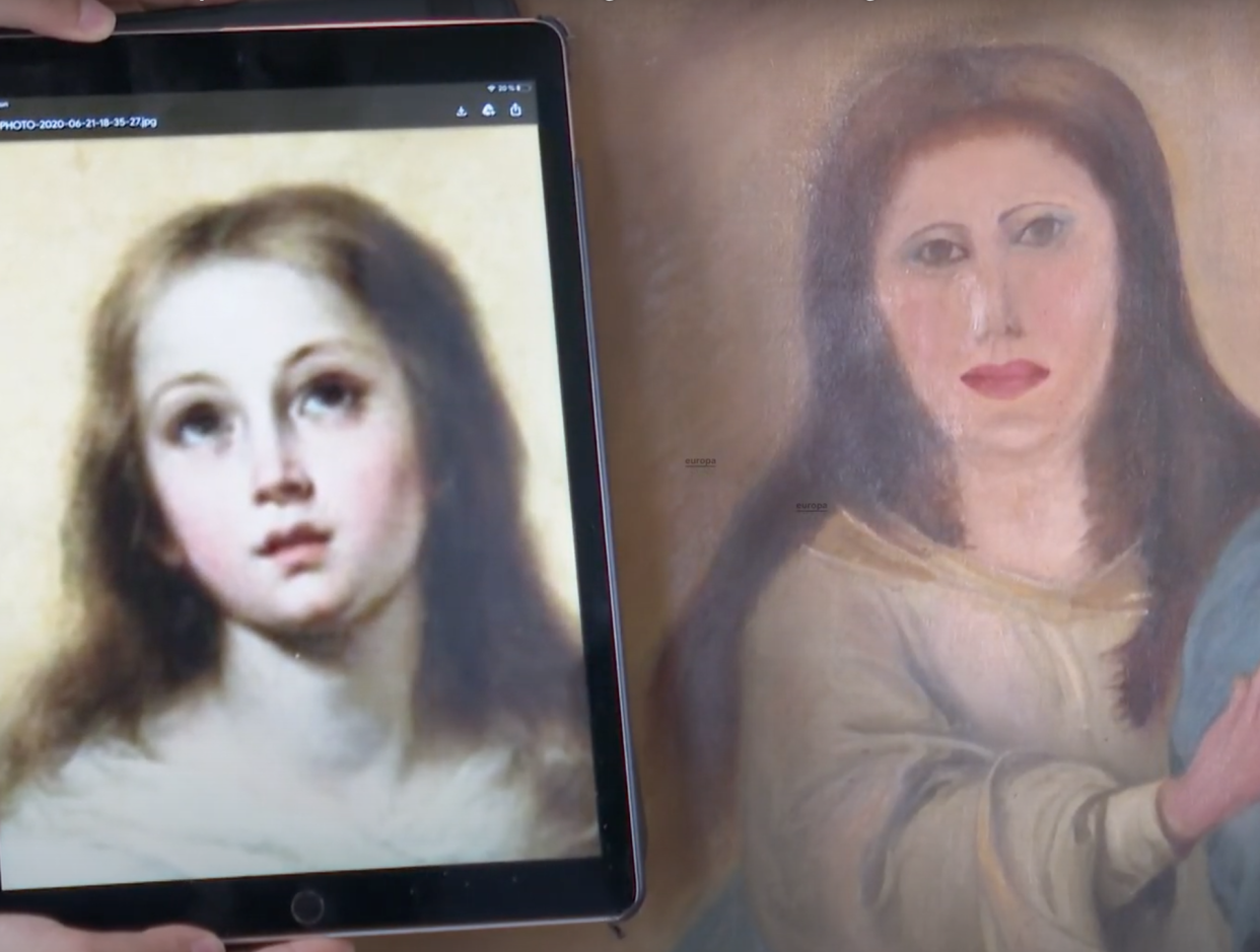 The original painting seen next to the botched restoration: Europa Press/YouTube please