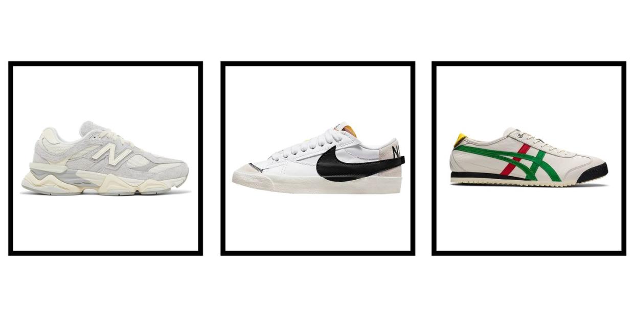 a collage of sneakers from onitsuka nike and new balance in a roundup of the best sneakers according to bazaar editors 2023