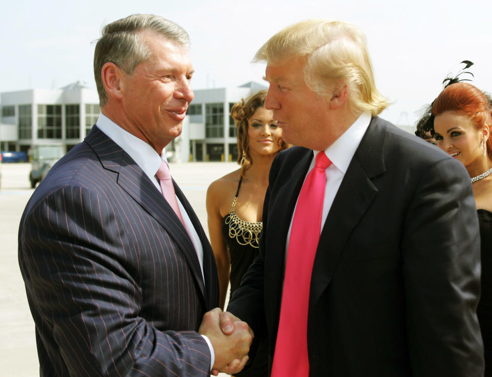 GREEN BAY, WI – JUNE 22: Vince McMahon (L) and Donald Trump attend a press conference about the WWE at the Austin Straubel International Airport on June 22, 2009 in Green Bay, Wisconsin. (Photo: Mark A. Wallenfang/Getty Images)