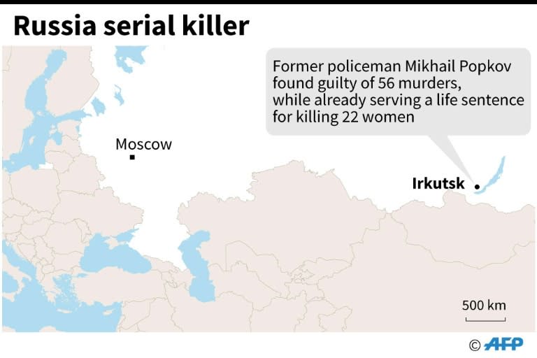 Map locating Irkutsk in Russia where a former policeman was found guilty of 56 murders on December 10, while already serving a life sentence for killing 22 women