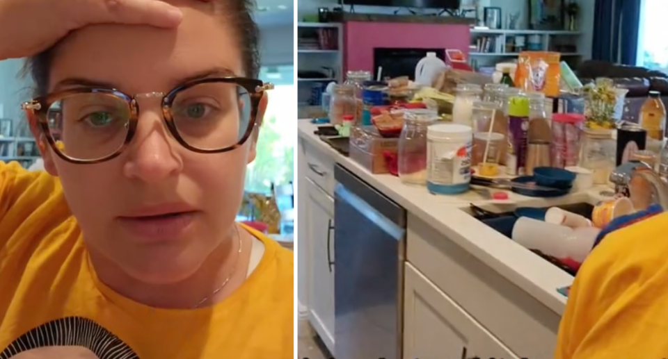 Emptied contents from Nicole's pantry is seen on her kitchen bench. Source: TikTok