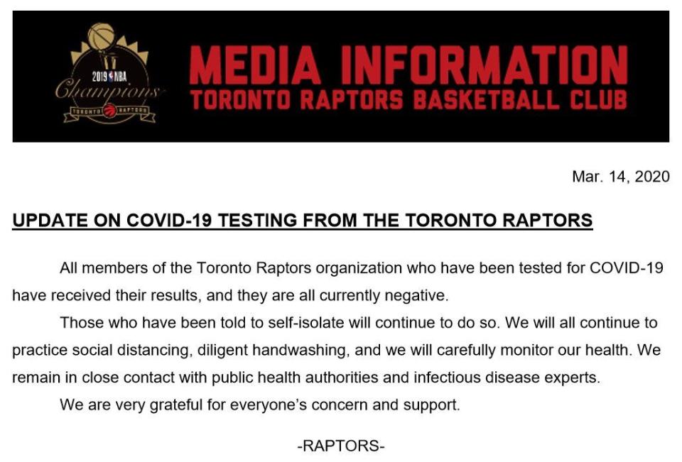 The Toronto Raptors announced that all members of the organization tested negative for coronavirus. (Toronto Raptors)