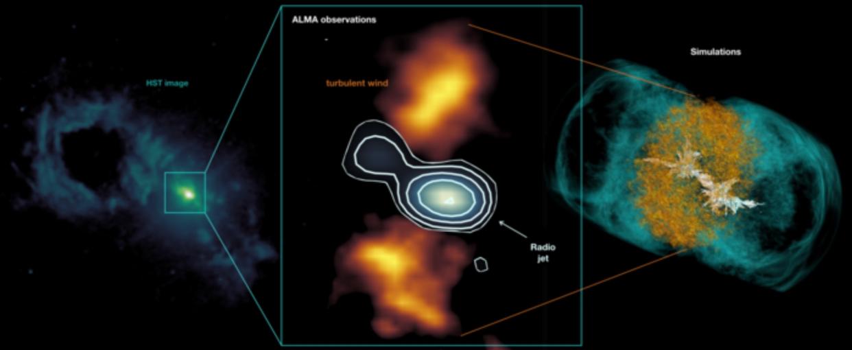  The compact radio jet in the center of the Teacup Galaxy blows a lateral turbulent wind in the cold dense gas, as predicted by the simulations. 