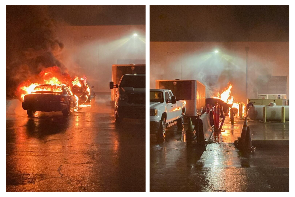 Photos show the training cars on fire in a fenced-in lot in Portland, Oregon. / Credit: Portland Police Bureau