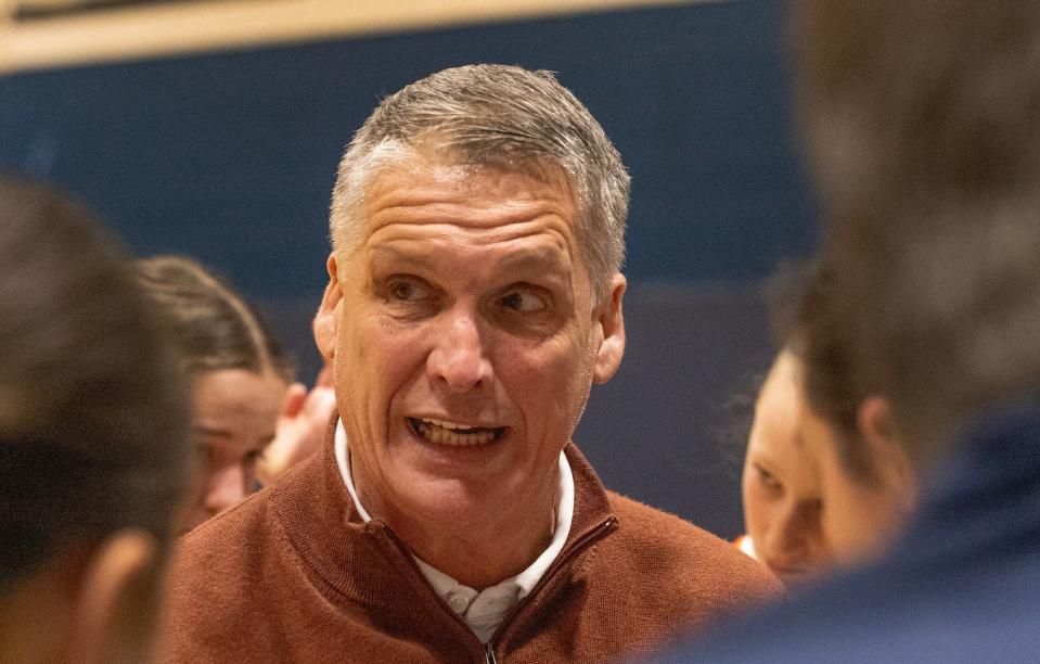 Trinity Coach Matt McCarthy. Ocean Township Girls Basketball vs Trinity Hall SCT Quarterfinal game in Middletown, NJ on February, 10 2024