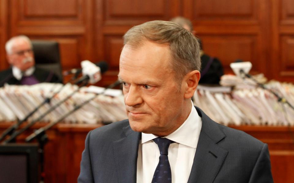 Donald Tusk testifies as witness before a court in Warsaw in the trial on the 2010 airplane crash in Russia that killed Poland's President Lech Kaczynski  - AP