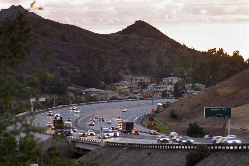 Agoura Hills, California-June 20, 2021-Steady traffic on the 101 Freeway in Agoura Hills, makes it impossible for mountain lions and other wildlife to cross this area to new breeding grounds. A proposed $87-million wildlife bridge spanning the 101 Freeway in Agoura Hills may break ground later this year. It would be the largest wildlife crossing in the world - and a new defining cultural feature on the Southern California landscape. (Carolyn Cole / Los Angeles Times)