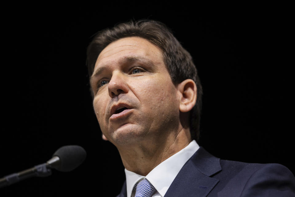 Florida Gov. Ron DeSantis speaks during the Utah Republican Party Organizing Convention at Utah Valley University in Orem, Utah, on Saturday, April 22, 2023. (Ryan Sun/The Deseret News via AP)