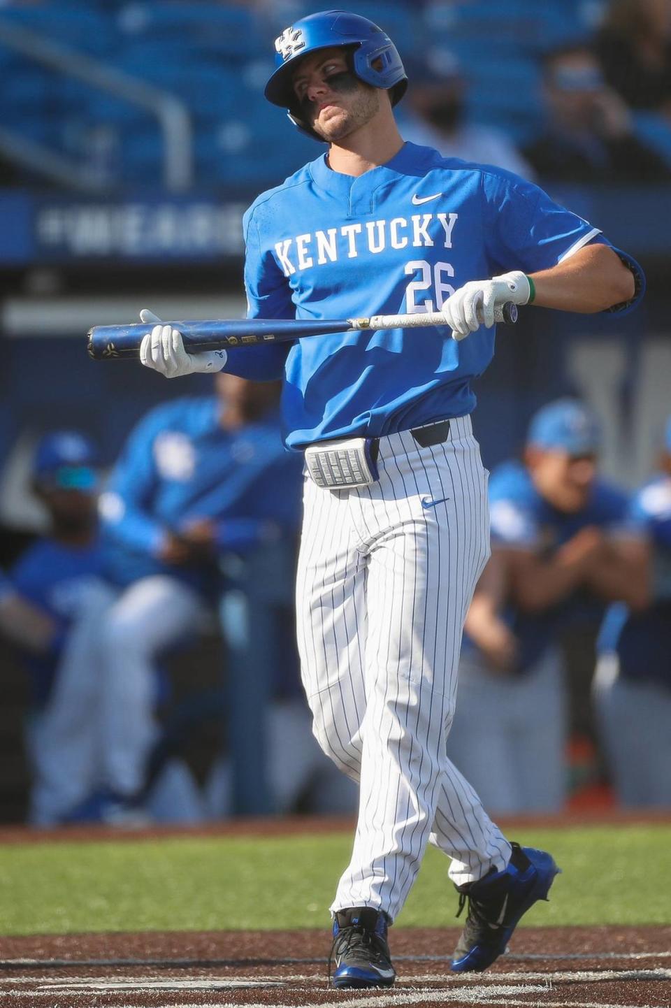 Kentucky’s Jacob Plastiak reacts after striking out during the Wildcats’ 12-5 defeat against Louisville at Kentucky Proud Park on Tuesday night.