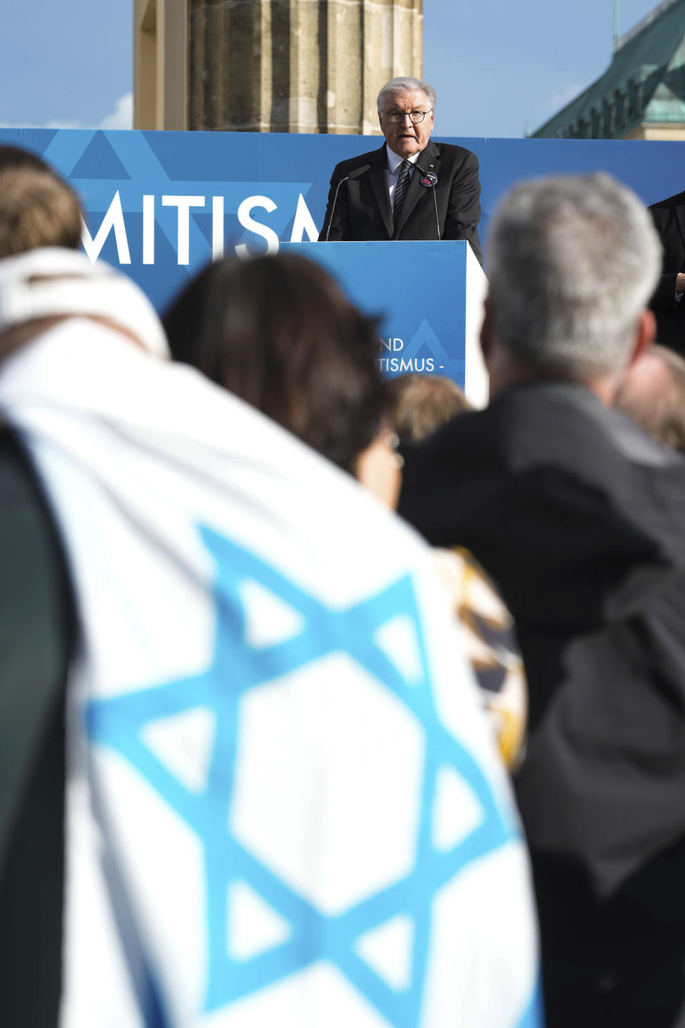 German President Frank-Walter Steinmeier speaks during a demonstration against antisemitism and to show solidarity with Israel in Berlin, Germany, Sunday, Oct. 22, 2023. (AP Photo/Markus Schreiber)