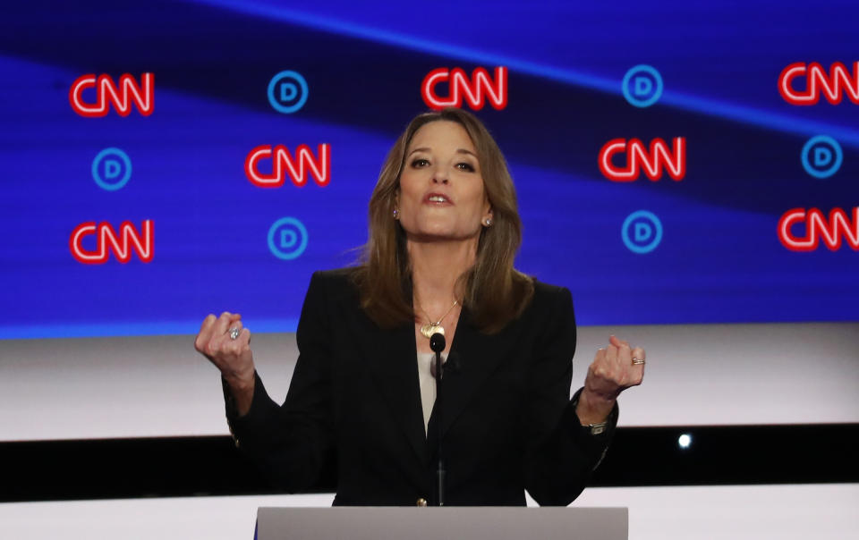 Marianne Williamson participates in the first of two Democratic presidential primary debates hosted by CNN Tuesday, July 30, 2019, in the Fox Theatre in Detroit. | Paul Sancya—AP