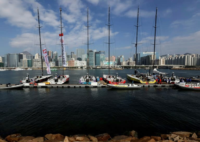 Yachts from the Volvo Ocean Race dock at the race village in Hong Kong