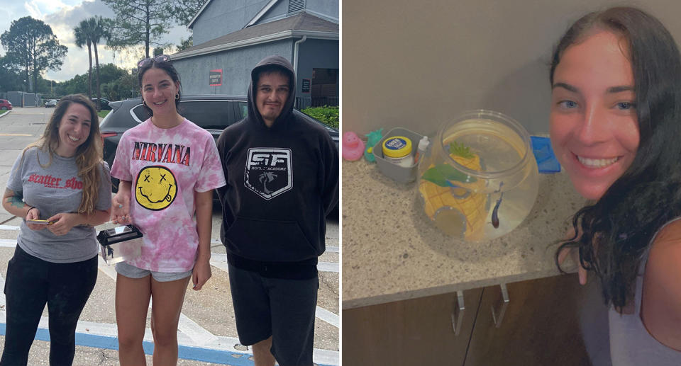 Airline workers Ismael and his fiancée Jamee with Kira and pet fish Theo.