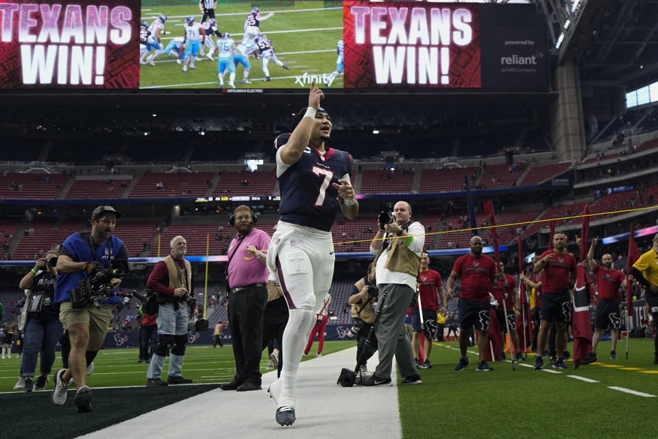 Houston Texans quarterback C.J. Stroud (7) jogs off the field after the team's 26-3 win against the Tennessee Titans in an NFL football game Sunday, Dec. 31, 2023, in Houston. (AP Photo/David J. Phillip)