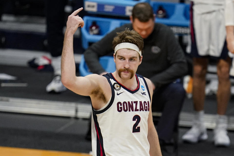 Gonzaga forward Drew Timme (2) celebrates in the second half of a second-round game iagainst Oklahoma n the NCAA men's college basketball tournament at Hinkle Fieldhouse in Indianapolis, Monday, March 22, 2021. (AP Photo/Michael Conroy)