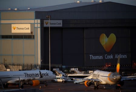 Grounded airplanes with the Thomas Cook livery are seen at Manchester Airport