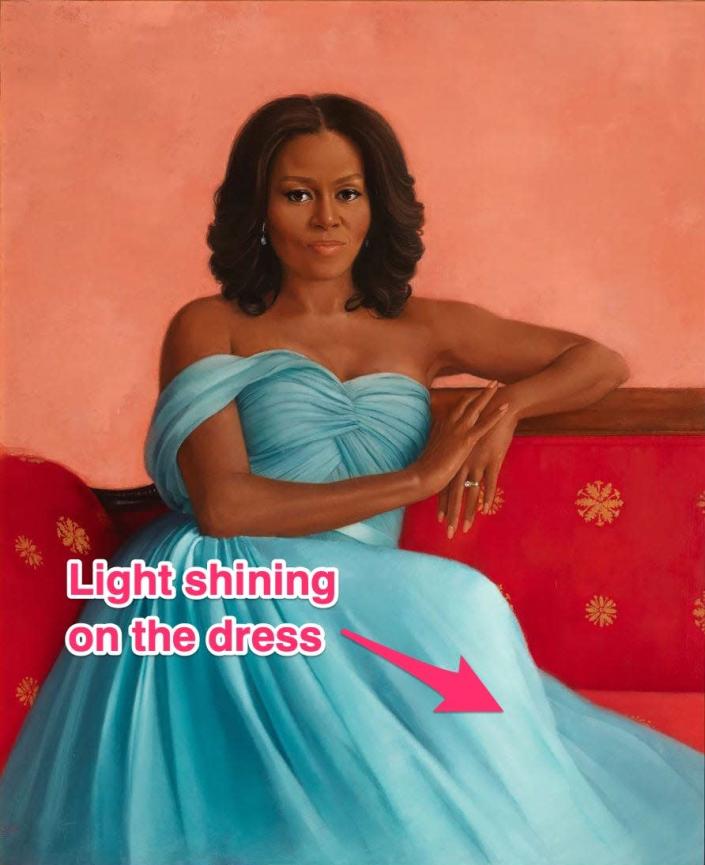 Michelle Obama's White House portrait with an arrow showing light on the dress