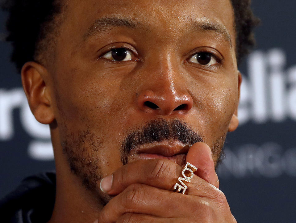 FILE - Houston Texans wide receiver Demaryius Thomas speaks after the team's NFL football game against the Denver Broncos on Nov. 4, 2018, in Denver. Thomas, who eared five straight Pro Bowls and a Super Bowl ring during a prolific receiving career spent mostly with the Broncos, has died at the age of 33. Thomas was found dead in his suburban Atlanta home Thursday night, Dec. 9, 2021, said Officer Tim Lupo, public information officer for the police department in Roswell, Ga. (AP Photo/David Zalubowski, File)