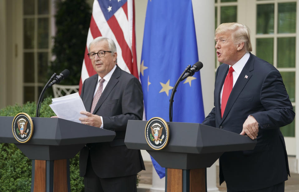 President Donald Trump and European Commission president Jean-Claude Juncker speak in the Rose Garden of the White House, Wednesday, July 25, 2018, in Washington. (AP Photo/Pablo Martinez Monsivais)