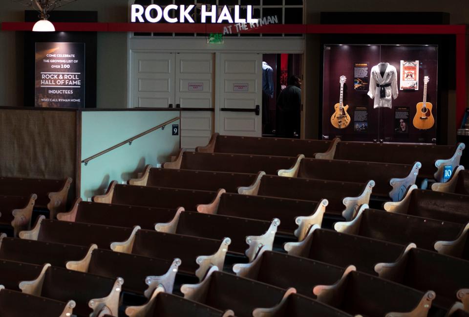 A view of the entrance to a Rock Hall of Fame exhibit at the Ryman Auditorium Tuesday, Nov. 1, 2022 in Nashville, Tenn. The Ryman Auditorium has a new exhibit outlining the venue's long-running history with rock 'n' roll music. The new attraction comes as part of a new partnership between the Ryman Auditorium and Rock n Roll Hall of Fame in Cleveland.