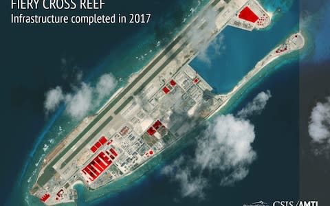 China has built an extensive base on Fiery Cross Reef in the Spratly islands - Credit: CSIS Asia Maritime Transparency Initiative/DigitalGlobe