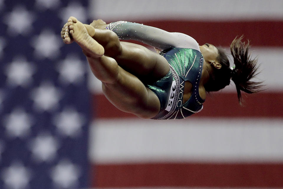 <p>Simone Biles competes in the vault at the U.S. Gymnastics Championships on Aug. 9, 2019.</p>