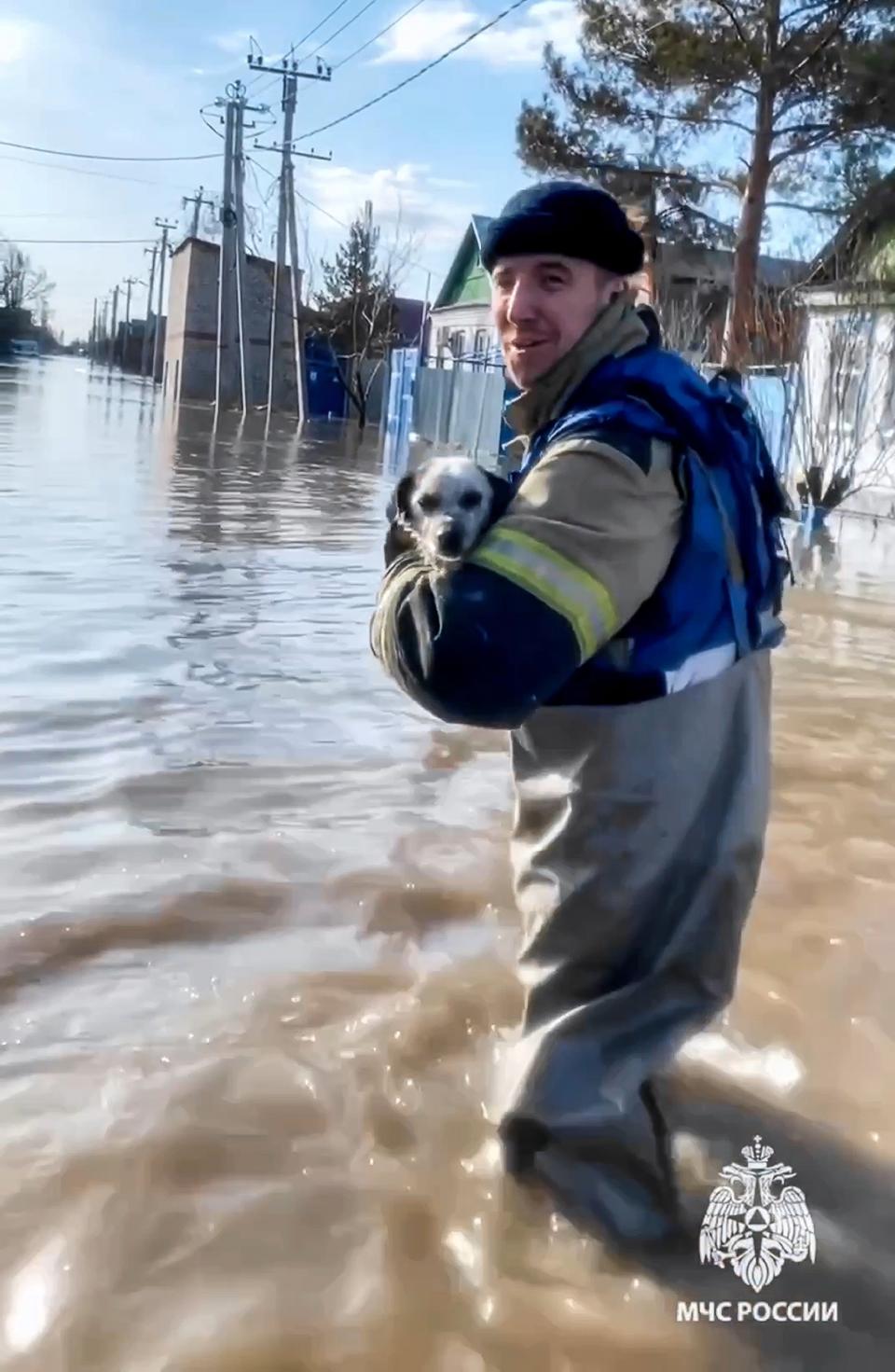 In this grab taken from a video released by the Russian Emergency Ministry Press Service on Saturday, April 6, 2024, a Russian Emergency Ministry worker carries a dog during an evacuation of local residents after a part of a dam burst causing flooding, in Orsk, Russia. Floods hit a city in the Ural Mountains areas after a river dam burst there, prompting evacuations of hundreds of people, local authorities said. The dam breach in Orsk, a city less than 20 kilometers north of Russia's border with Kazakhstan, occurred on Friday night, according to Orsk mayor Vasily Kozupitsa. (Russian Emergency Ministry Press Service via AP)