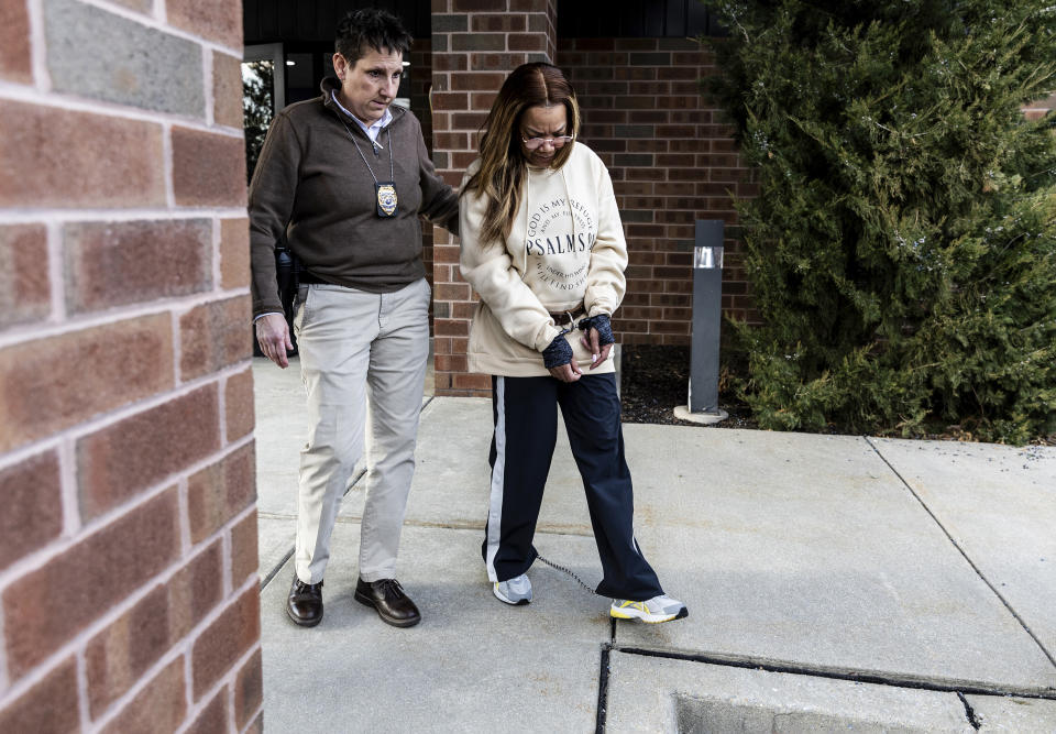 Suspended District Judge Sonya McKnight leaves the Susquehanna Twp. Police department Thursday, Feb. 15, 2024. The suspended magistrate judge shot her estranged boyfriend in the head as he slept last weekend, police said Thursday in filing attempted murder and aggravated assault charges against her. (Sean Simmers/The Patriot-News via AP)