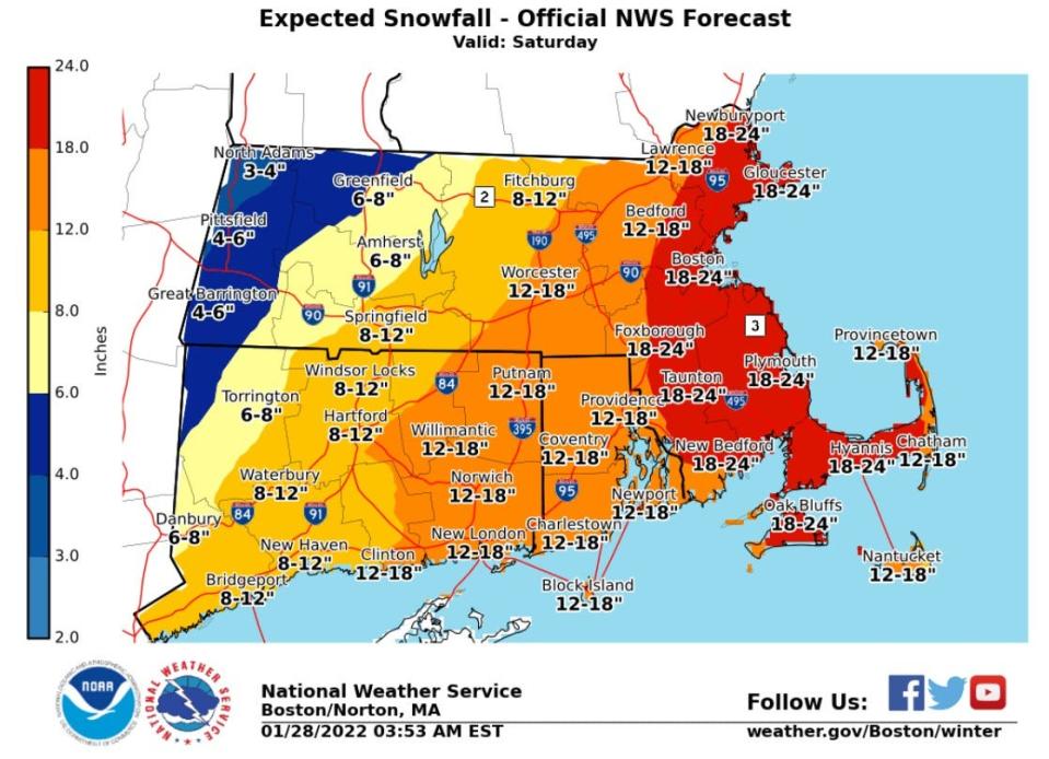 The National Weather Service issued this map at 3:53 a.m. Friday showing expected snowfall from Saturday's storm.