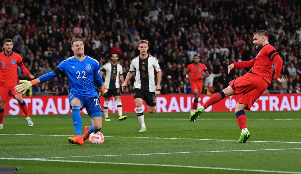 Shaw scored England’s first goal to vindicate Southgate’s wing-back system (AFP via Getty Images)