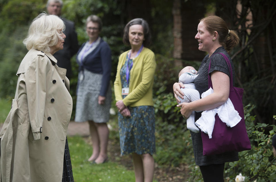 The Duchess of Cornwall during a visit to Swindon Borough Council Office Gardens where she met with members of the council and representatives from the Live Well Hub, who have worked on and benefited from the council's services during the pandemic.