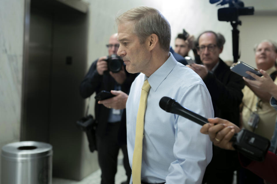 Rep. Jim Jordan, R-Ohio, chairman of the House Judiciary Committee is followed by reporters as he leaves a meeting at the Capitol in Washington, Tuesday, Oct. 10, 2023. House business and most congressional action has come to a standstill after Rep. Kevin McCarthy, R-Calif., was ousted as speaker by conservatives in his own party. (AP Photo/Jose Luis Magana)