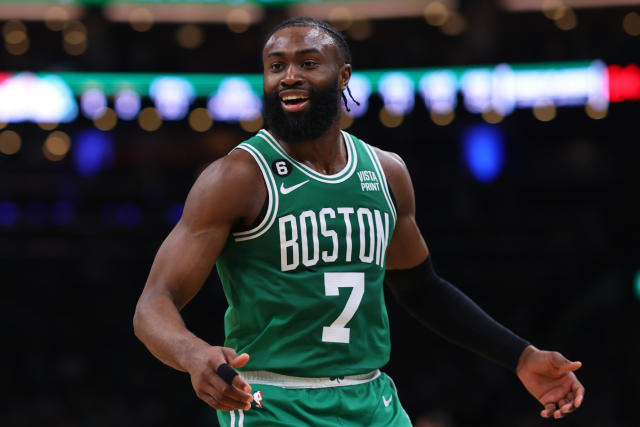 Jaylen Brown of the Boston Celtics reacts against the Miami Heat during Game 5 of the Eastern Conference finals at TD Garden in Boston on May 25, 2023. (Photo by Maddie Meyer/Getty Images)