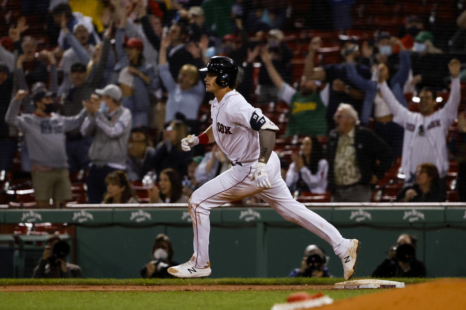 Boston Red Sox's Bobby Dalbec runs the bases after his two-run home run against the Los Angeles Angels during the seventh inning of a baseball game Friday, May 14, 2021, at Fenway Park in Boston. (AP Photo/Winslow Townson)