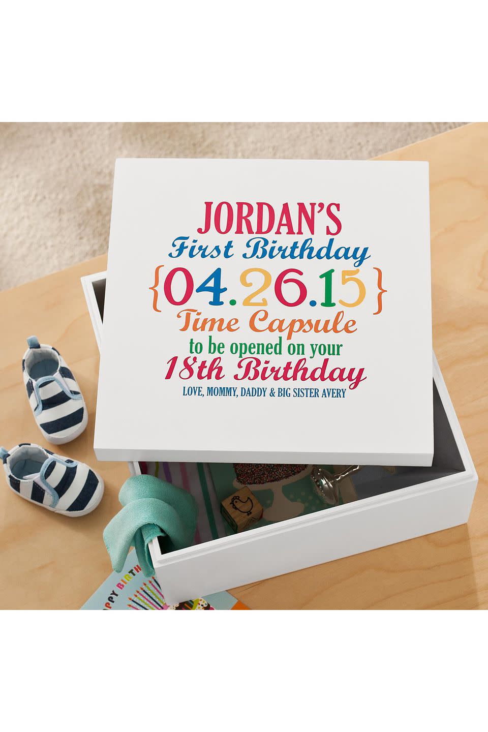 <p><a rel="nofollow noopener" href="https://www.personalcreations.com/product/precious-memories-first-birthday-time-capsule-30142416" target="_blank" data-ylk="slk:SHOP NOW;elm:context_link;itc:0;sec:content-canvas" class="link ">SHOP NOW</a></p><p>Mom and Dad can save the most meaningful memories from the baby's first birthday party, or even their first year, and have "baby" open it on his or her 18th birthday. It's a super-special gift that will last a lifetime.</p><p><em>$50, <a rel="nofollow noopener" href="https://www.personalcreations.com/product/precious-memories-first-birthday-time-capsule-30142416" target="_blank" data-ylk="slk:personalcreations.com;elm:context_link;itc:0;sec:content-canvas" class="link ">personalcreations.com</a></em></p>