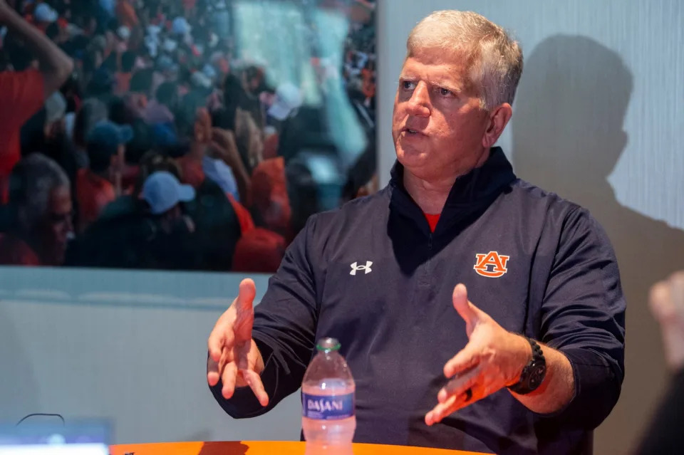 Auburn defensive coordinator Ron Roberts is interviewed at the Woltosz Football Performance Center in Auburn, Ala., on Thursday, Feb. 1, 2023.