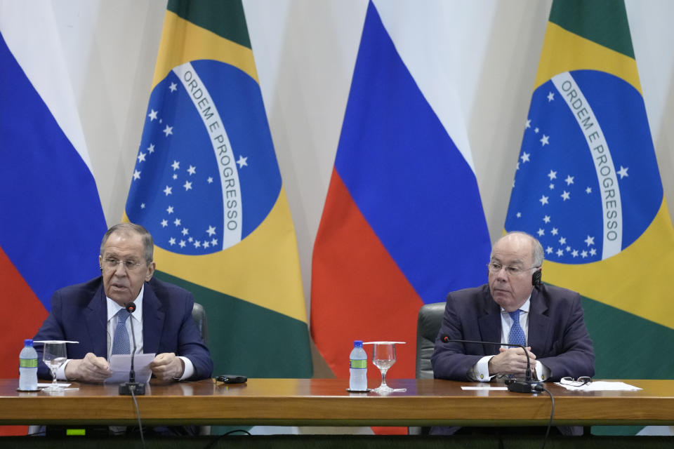 Russia's Foreign Minister Sergei Lavrov, left, and Brazilian Foreign Minister Mauro Vieira give a joint statement at Itamaraty Palace in Brasilia, Brazil, Monday, April 17, 2023. (AP Photo/Eraldo Peres)